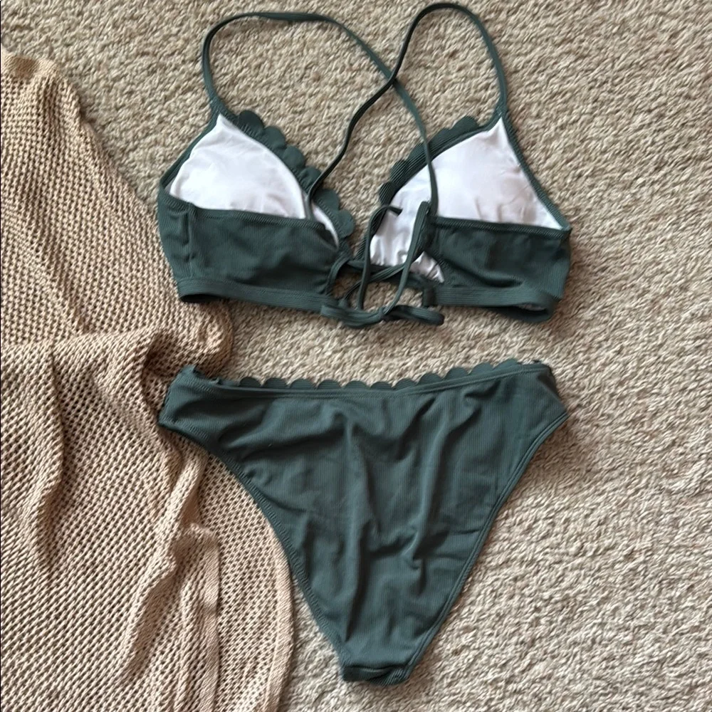 Green scalloped Bikini Set with Lace-Up Top and midi coverup - Picture 3 of 6